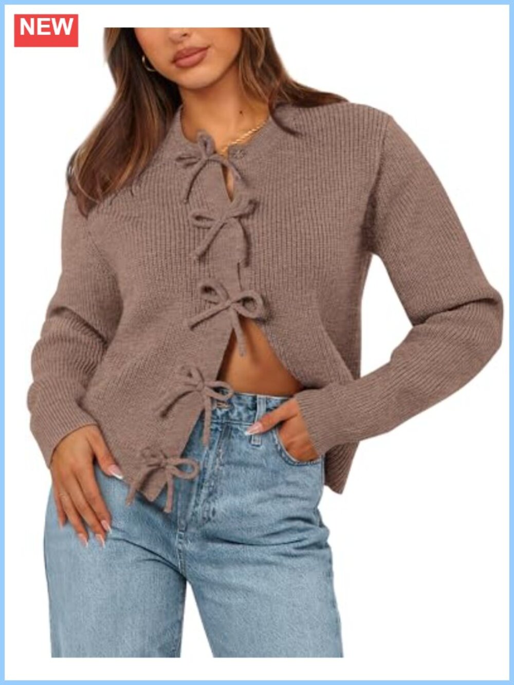 Women's Cropped Ribbed Knit Cardigan Snap Bow Accent Long Sleeve Sweater